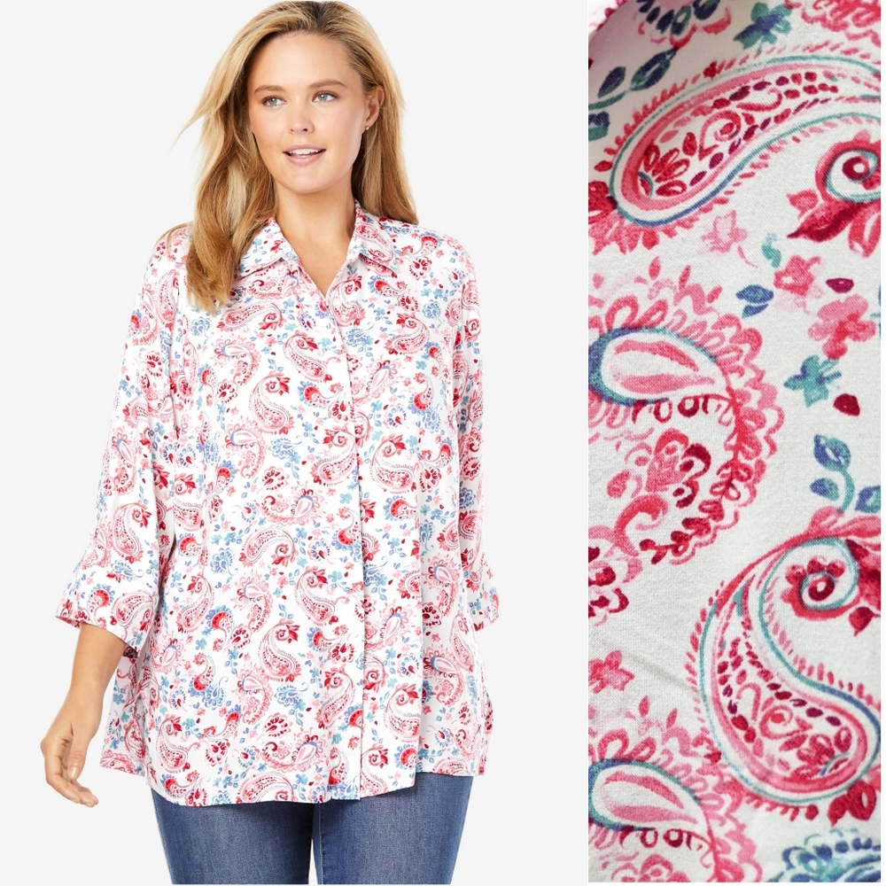 Woman Within rayon floral paisley tunic button down blouse 1X NWT